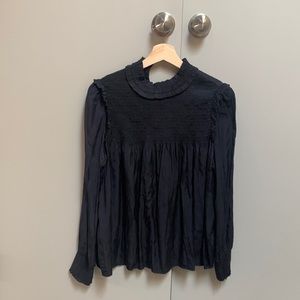 FRNCH Navy Ruffle High Collar Blouse. Size Medium